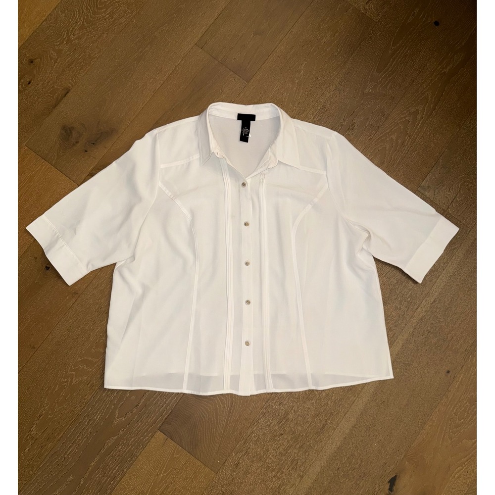 Maggie Barnes Womens 3X White Short Sleeve Pleated Front Button Down Blouse Top